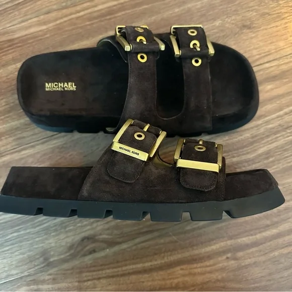 Michael Kors Colby Suede Dark Brown Sandals with Gold Accents - Picture 2 of 6